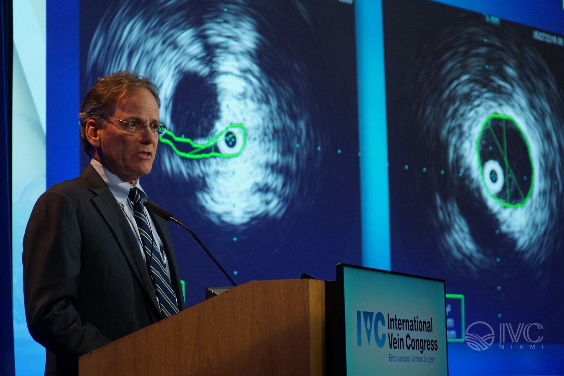 An IVC presenter discussing ultrasound images on a large screen